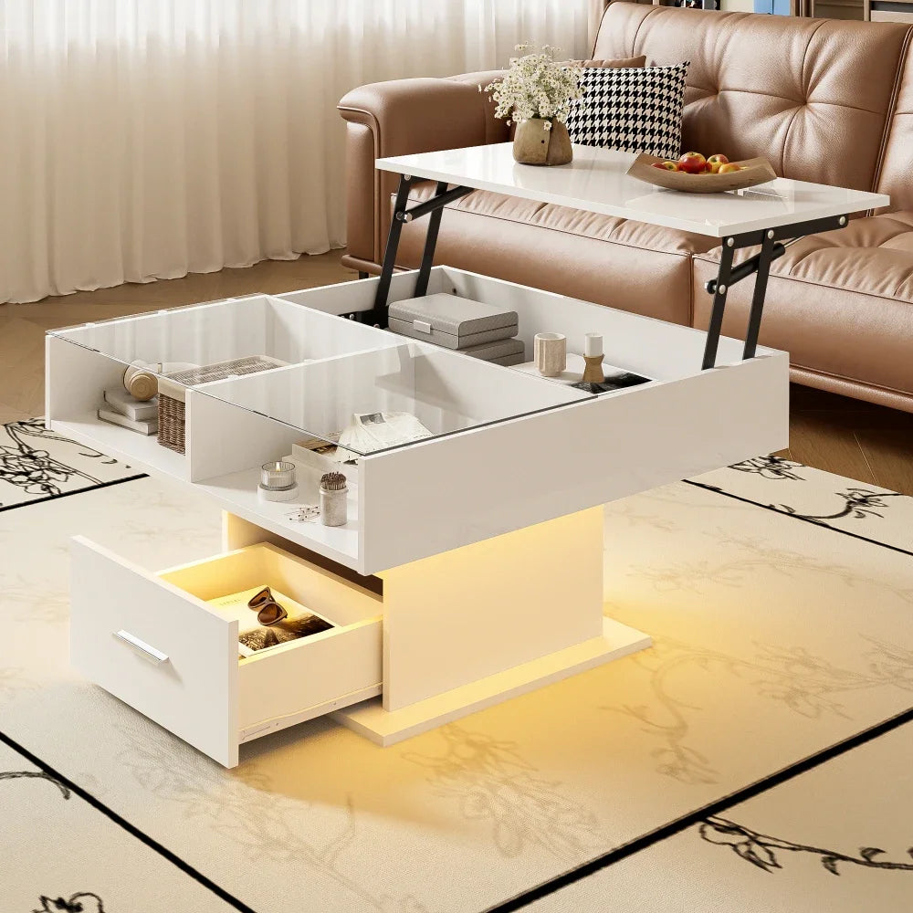 Table Basse Relevable avec LED et Rangement - Design Moderne Kestro
