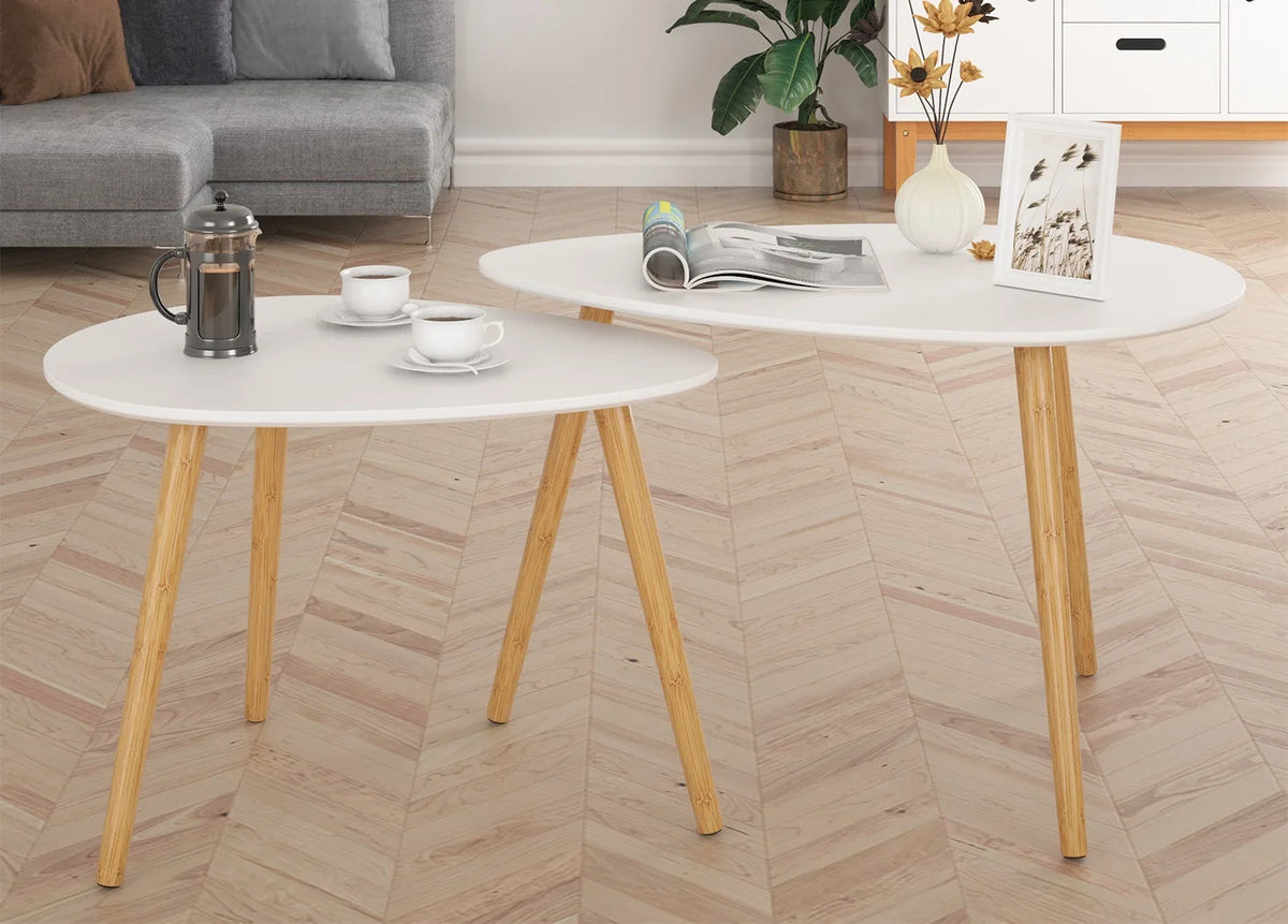 Table Basse Gigogne Ovale Blanche et Bois - Design Scandinave Ombra