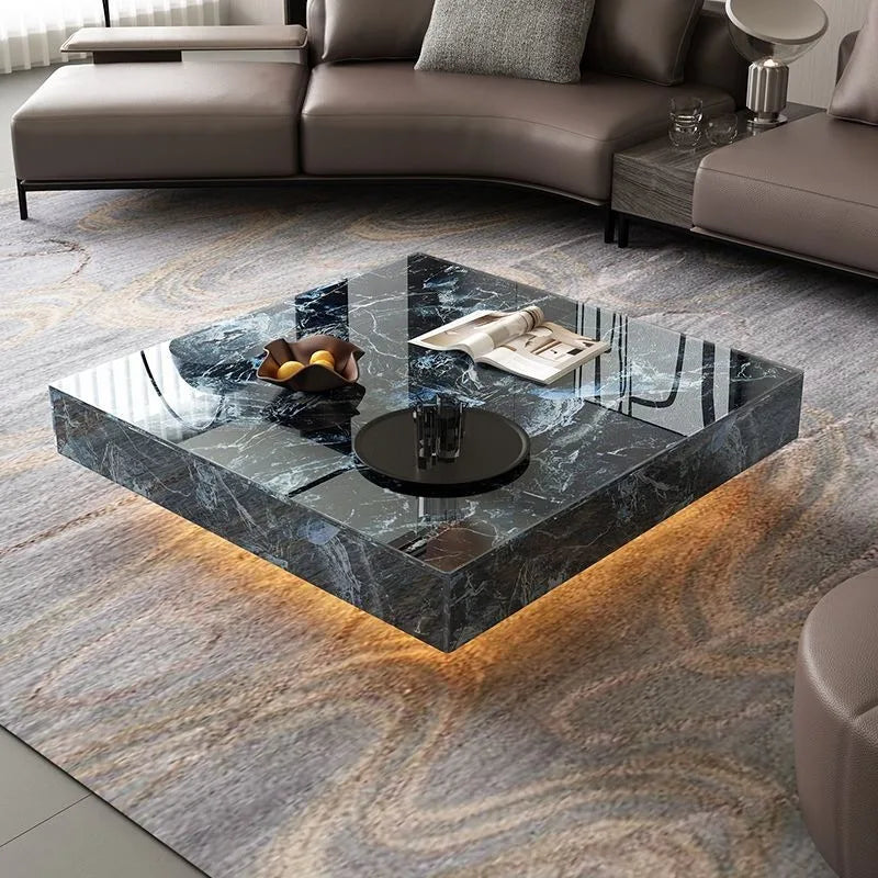 Table Basse Carrée Effet Marbre avec Plateau en Verre Trempé - Style Design Kalva