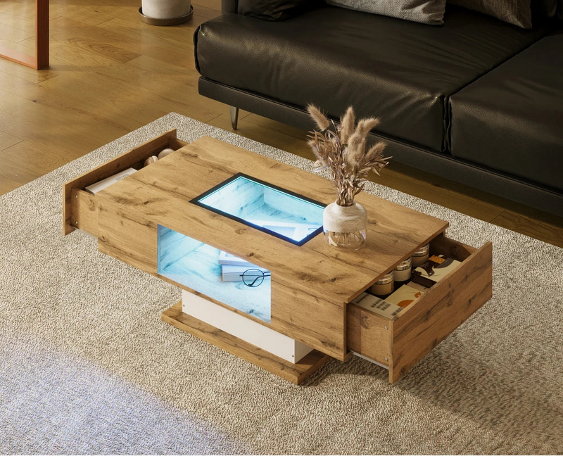 Table Basse Bois et Verre avec LED et Rangements - Design Moderne Ravel