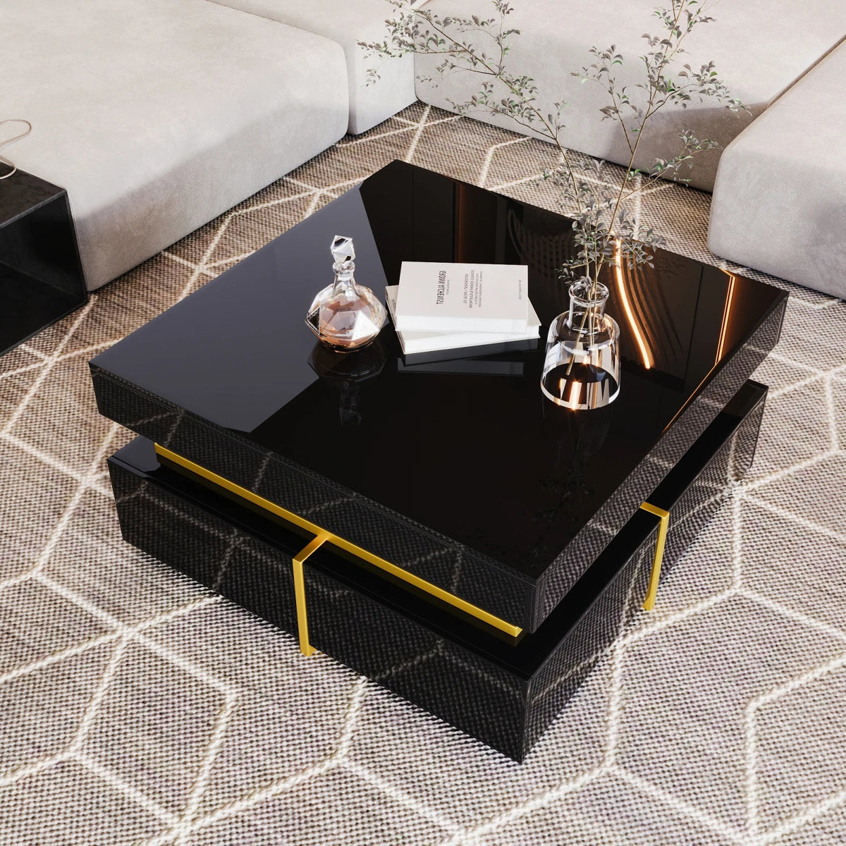 Table Basse Carrée Noire et Dorée avec Rangements - Style Design Nyra