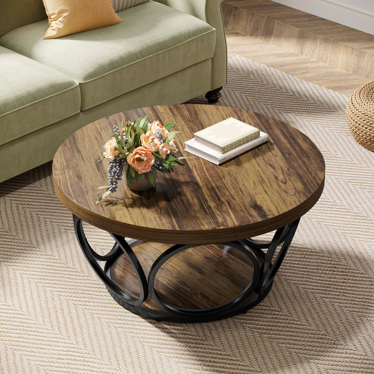 Table Basse Ronde Bois avec Rangement - Style Rustique Chêne