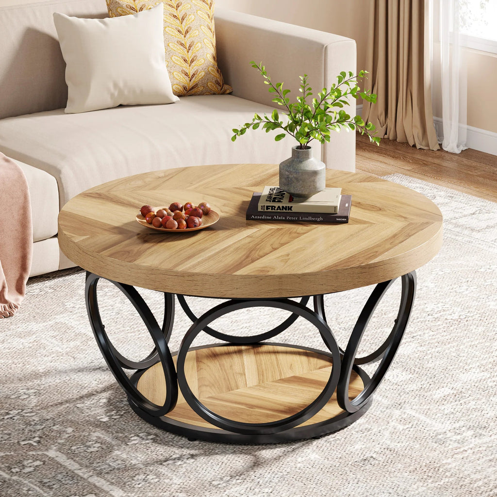 Table Basse Ronde Bois avec Rangement - Style Rustique Chêne