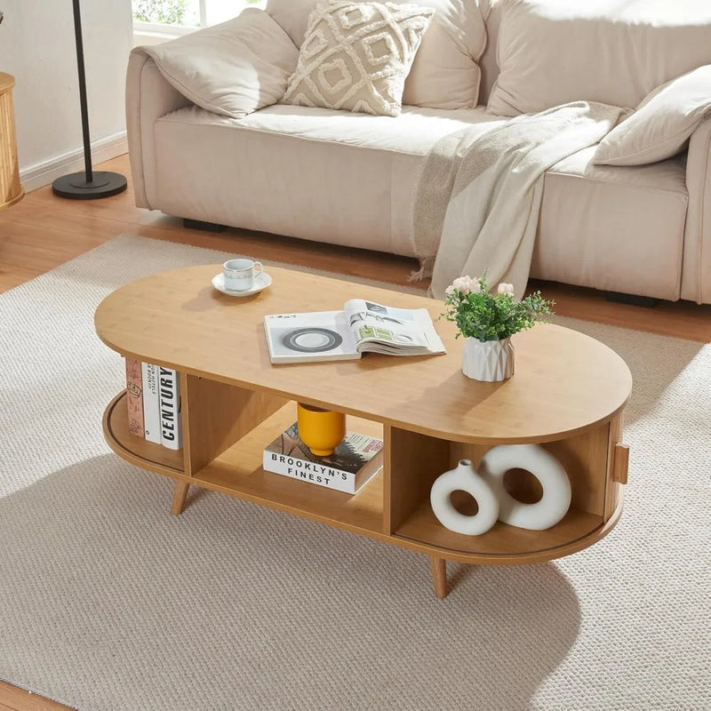 Table Basse Ovale Bois avec Rangement - Design Scandinave Odéa