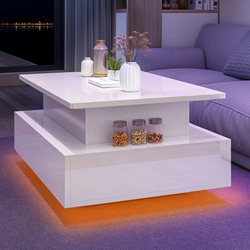 Table Basse Relevable avec LED et Tiroirs - Design Moderne Halvin