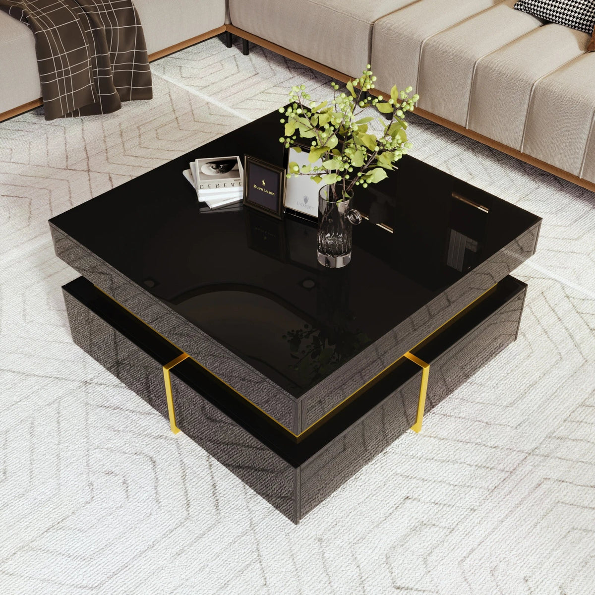 Table Basse Carrée Noire et Dorée avec Rangements - Style Design Nyra