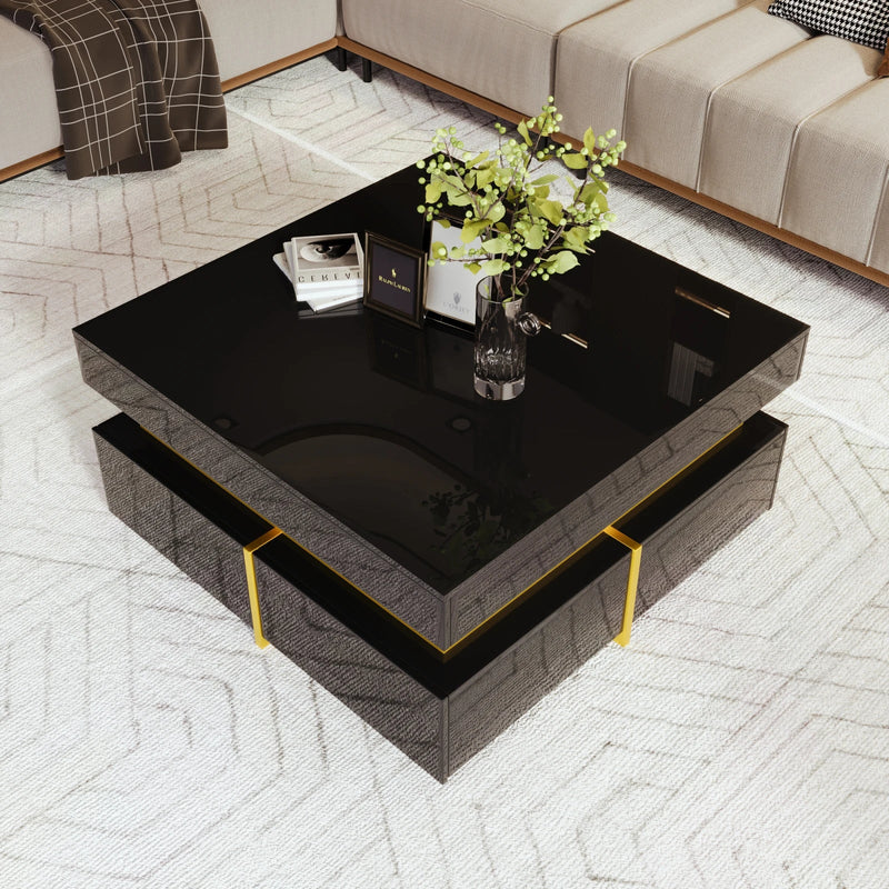 Table Basse Carrée Noire et Dorée avec Rangements - Style Design Nyra