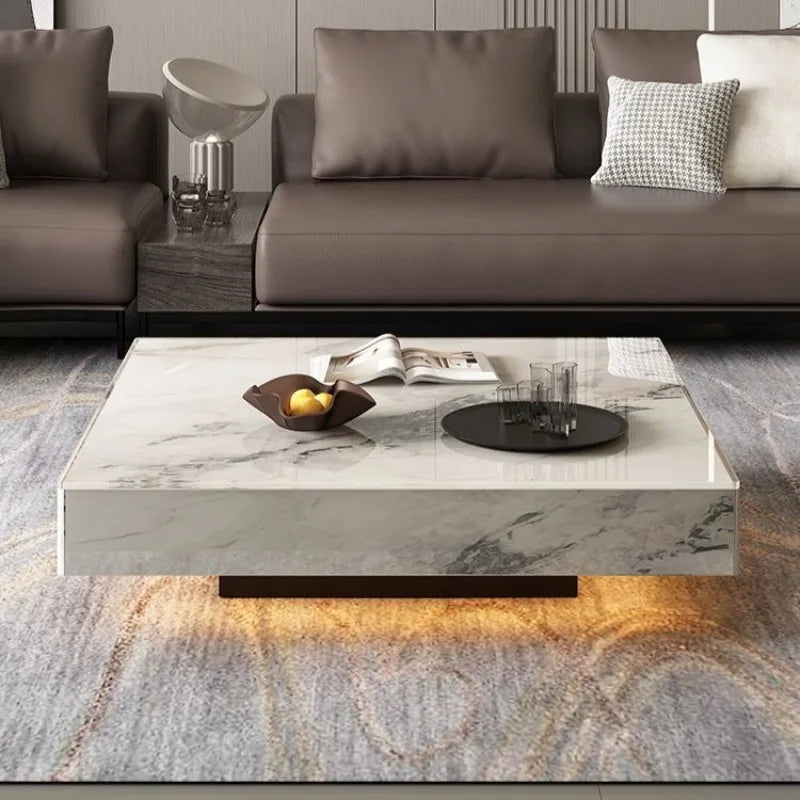 Table Basse Carrée Effet Marbre avec Plateau en Verre Trempé - Style Design Kalva