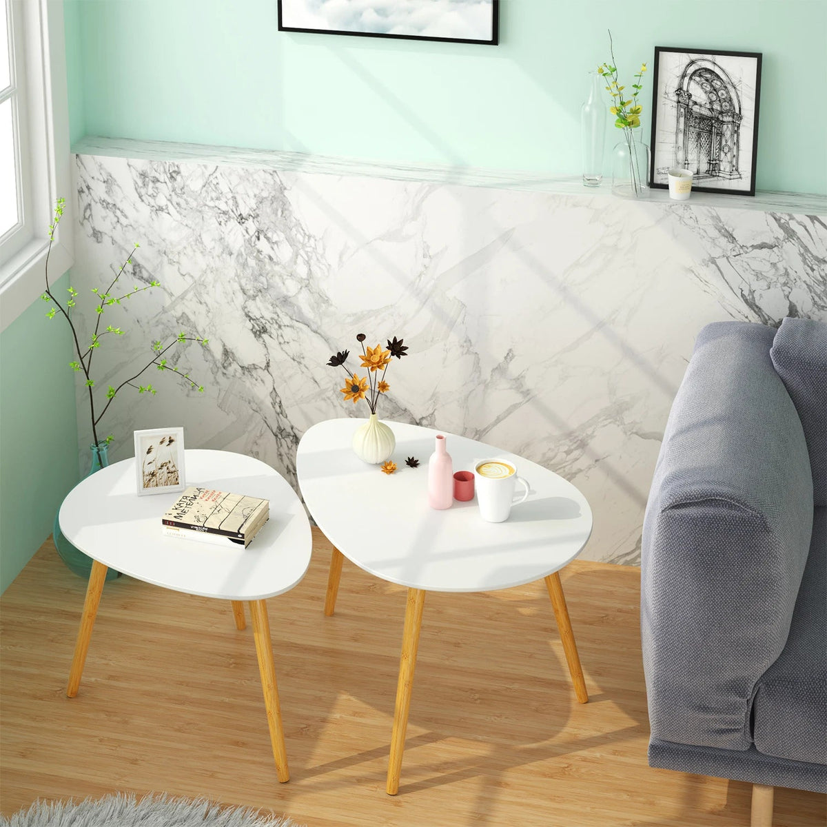 Table Basse Gigogne Ovale Blanche et Bois - Design Scandinave Ombra