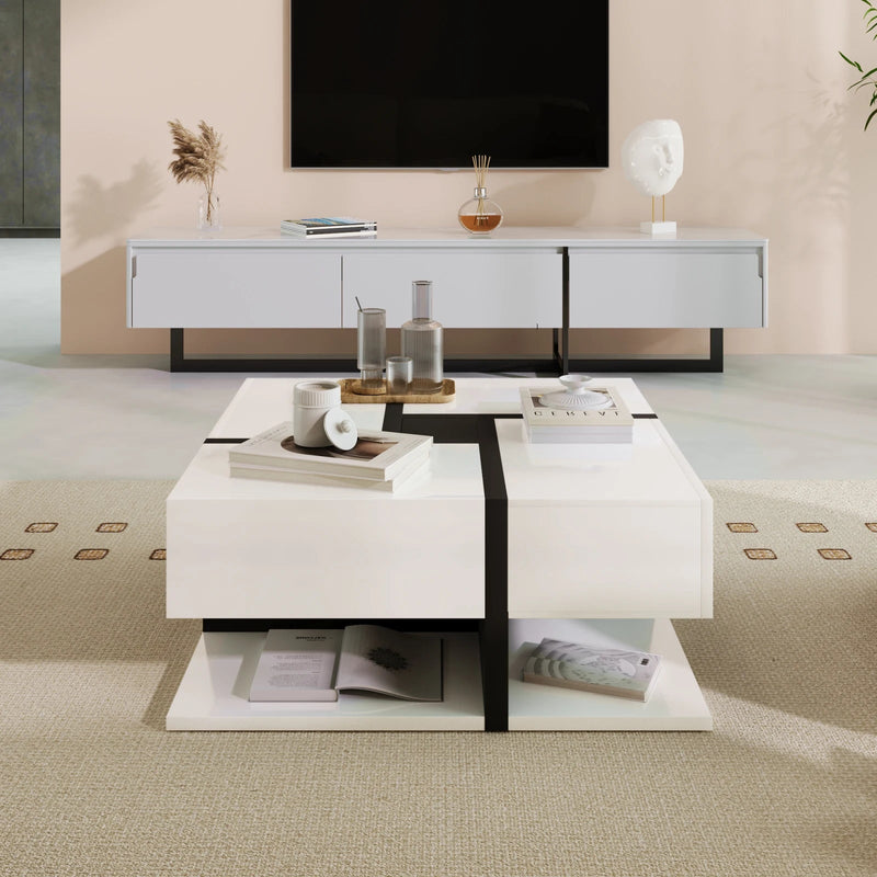 Table Basse Carrée Noire et Blanche avec Rangements - Moderne Trixel