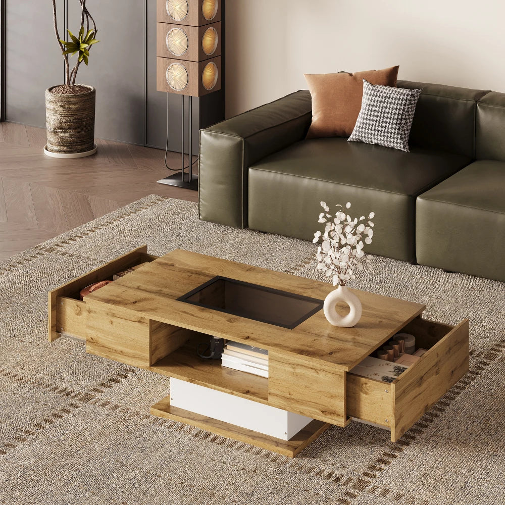 Table Basse Bois et Verre avec LED et Rangements - Design Moderne Ravel
