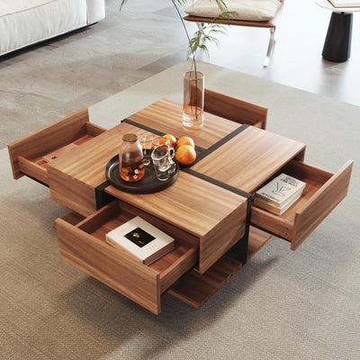 Table Basse Bois Carrée et Noir 2 Tiroir Onyx