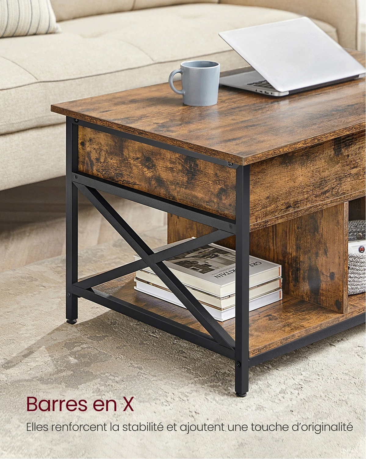 Table Basse Relevable Bois et Métal avec Rangement - Design Moderne Torvik