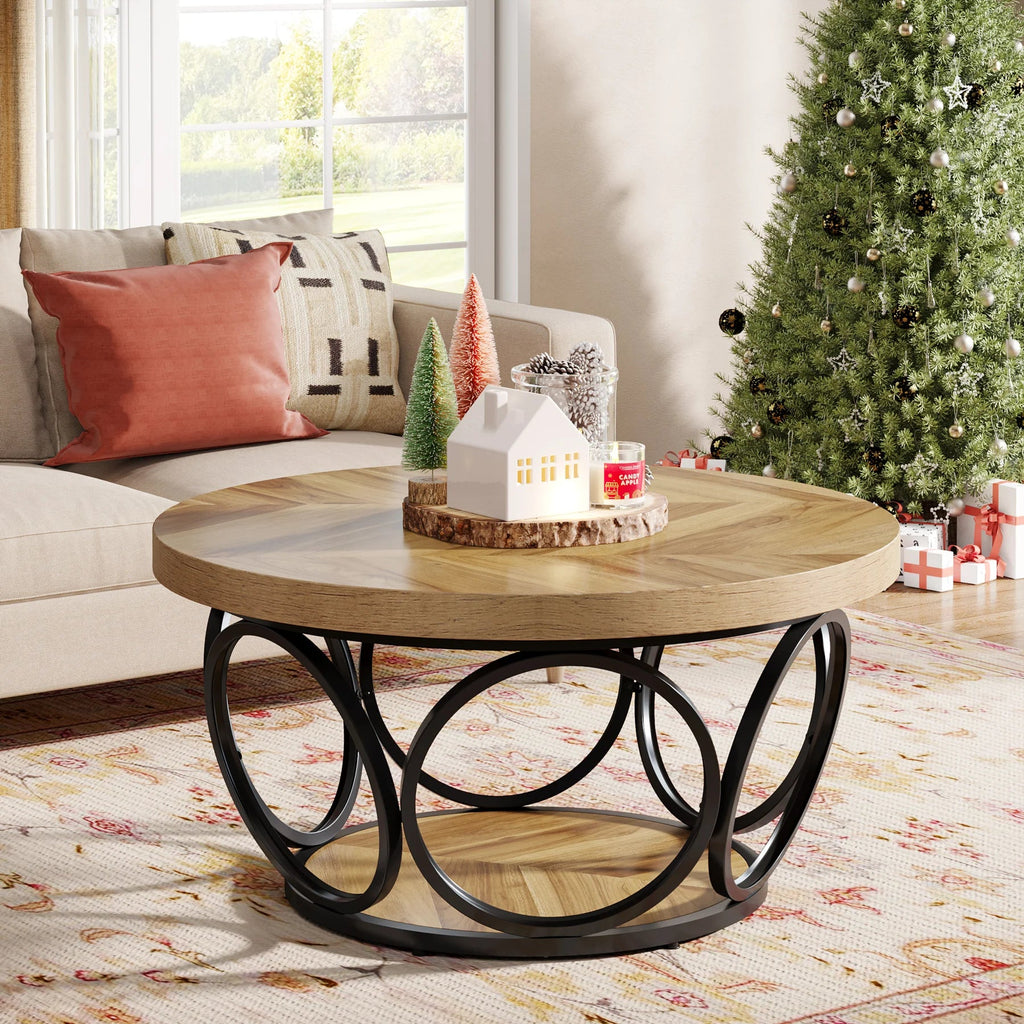 Table Basse Ronde Bois avec Rangement - Style Rustique Chêne