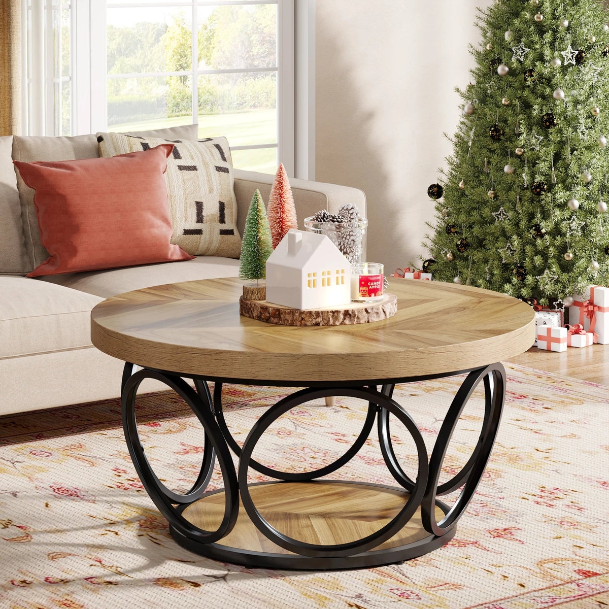 Table Basse Ronde Bois avec Rangement - Style Rustique Chêne