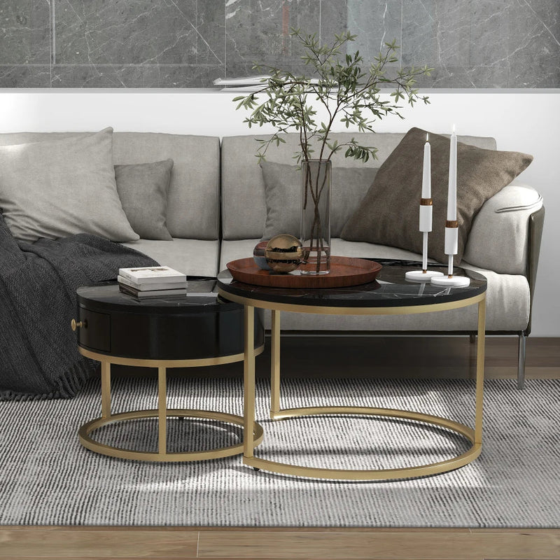 Table Basse Ronde Gigogne Effet Marbre Noire - Norvik