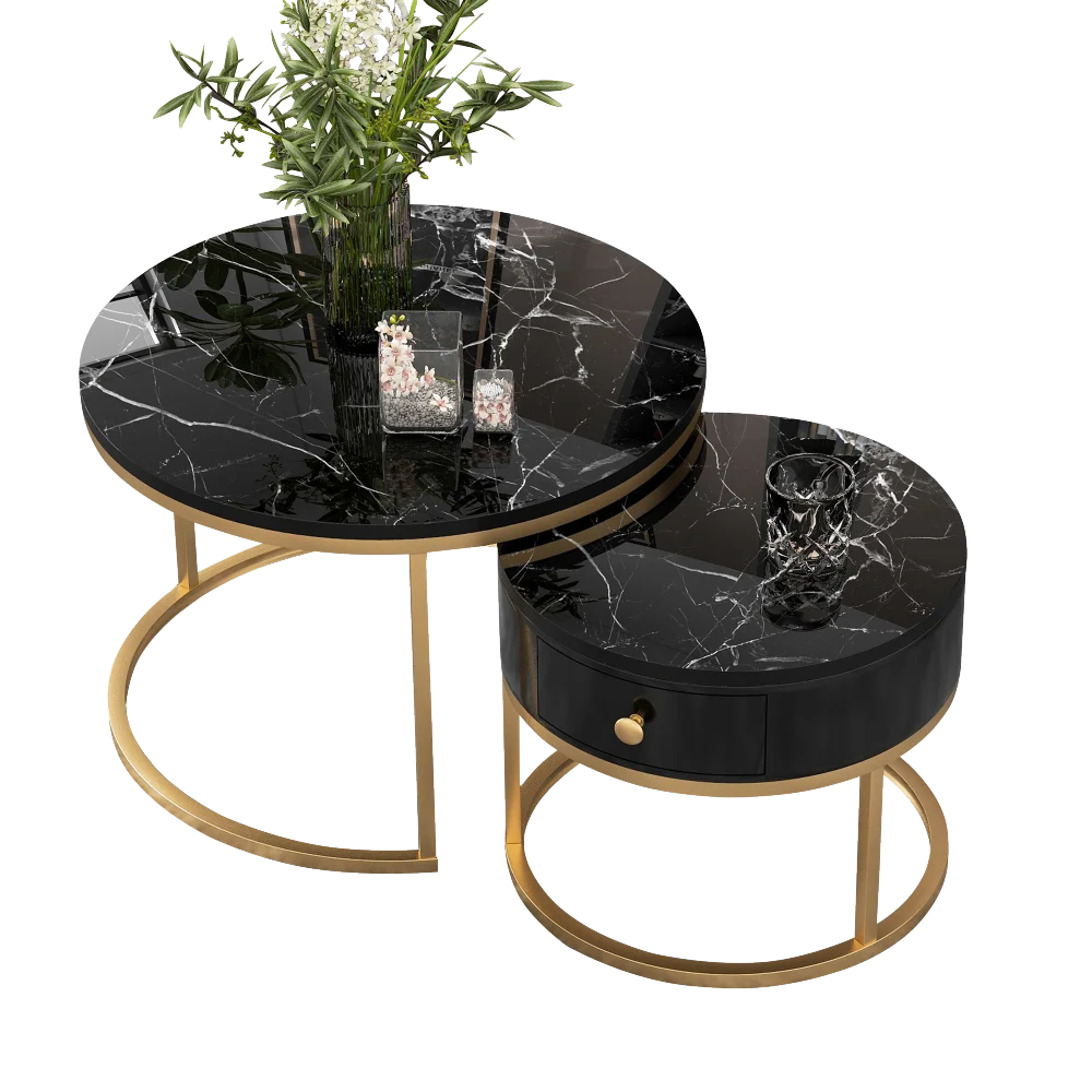 Table Basse Ronde Gigogne Effet Marbre Noire - Norvik