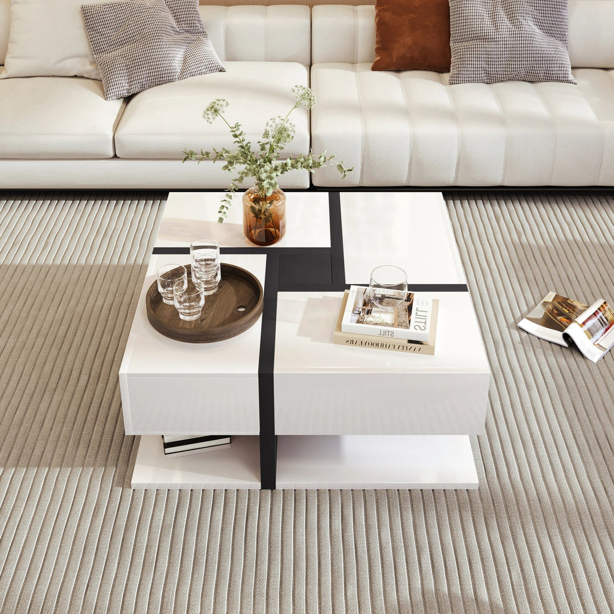 Table Basse Carrée Noire et Blanche avec Rangements - Moderne Trixel