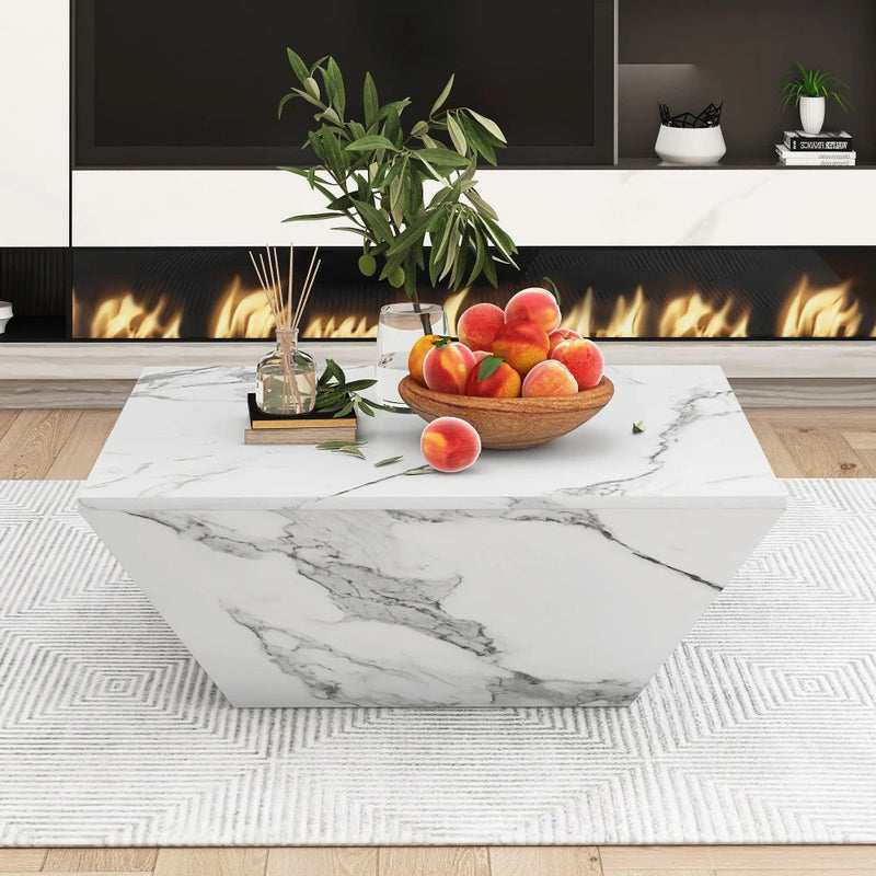 Table Basse Effet Marbre Blanche avec Tiroirs - Style Design Fera