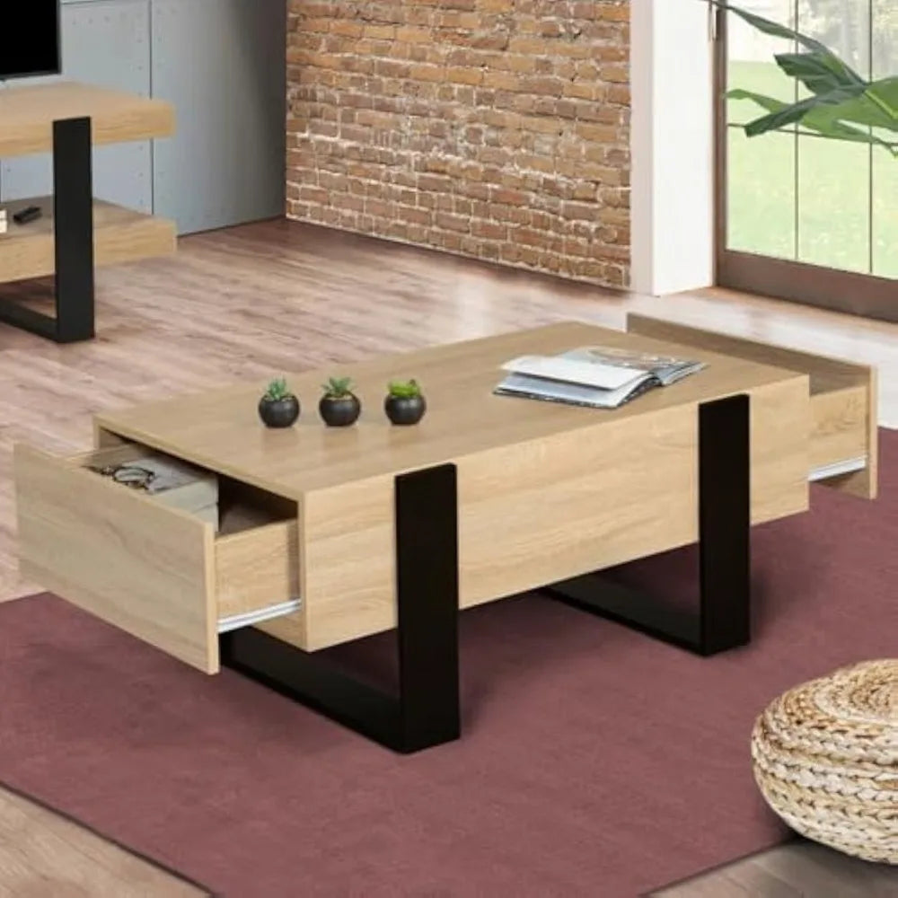 Table Basse Bois Rectangulaire avec Tiroirs - Style Industriel Loft
