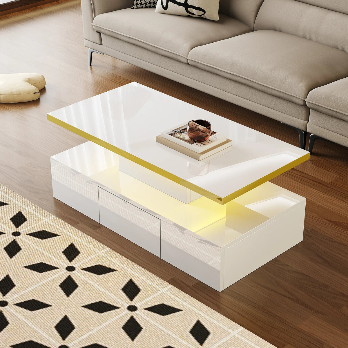 Table Basse à 2 Niveaux avec Tiroir et LED - Design Moderne Vaska