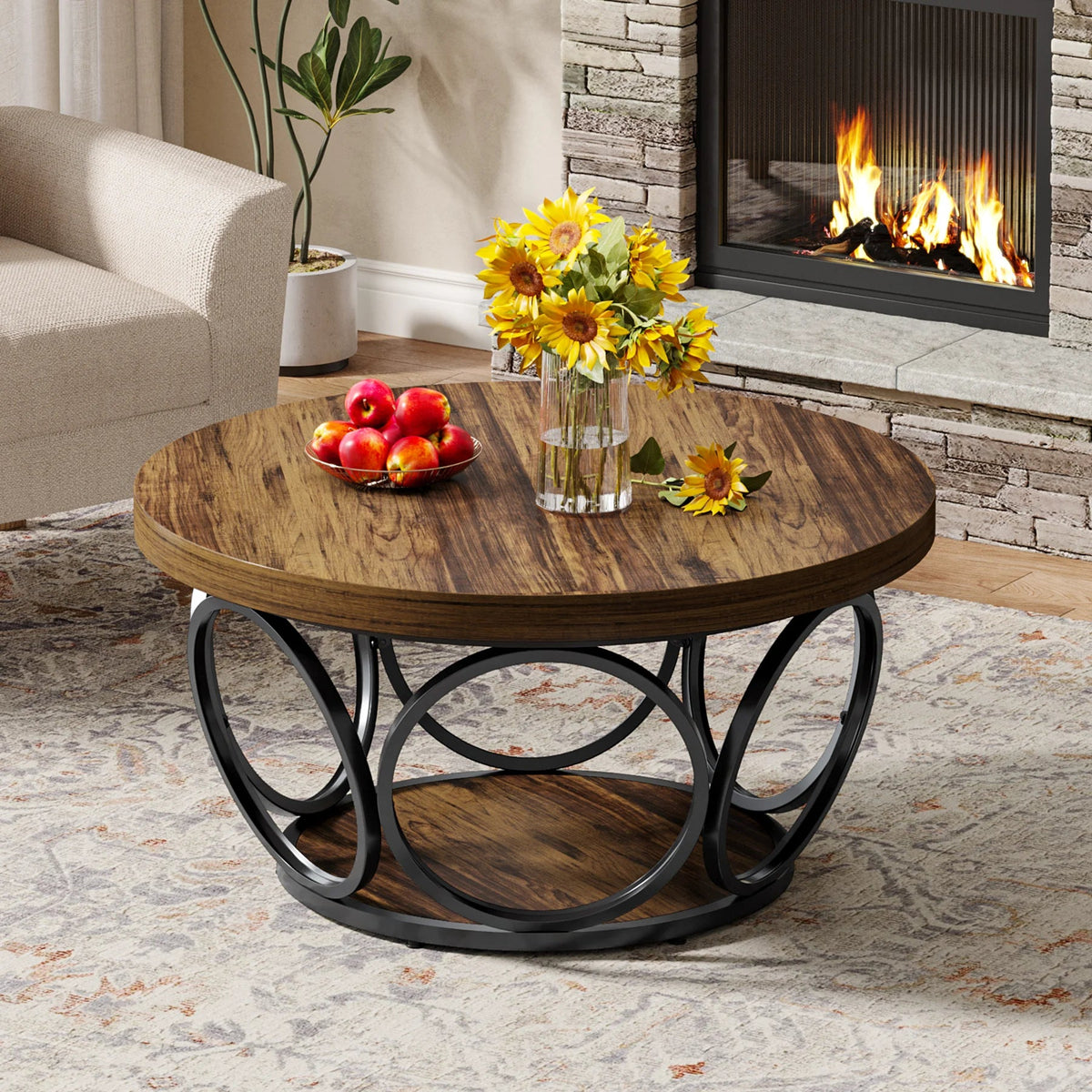 Table Basse Ronde Bois avec Rangement - Style Rustique Chêne