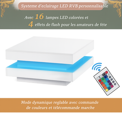 Table Basse Carrée Blanche avec Plateau Pivotant LED - Design Moderne Zelko