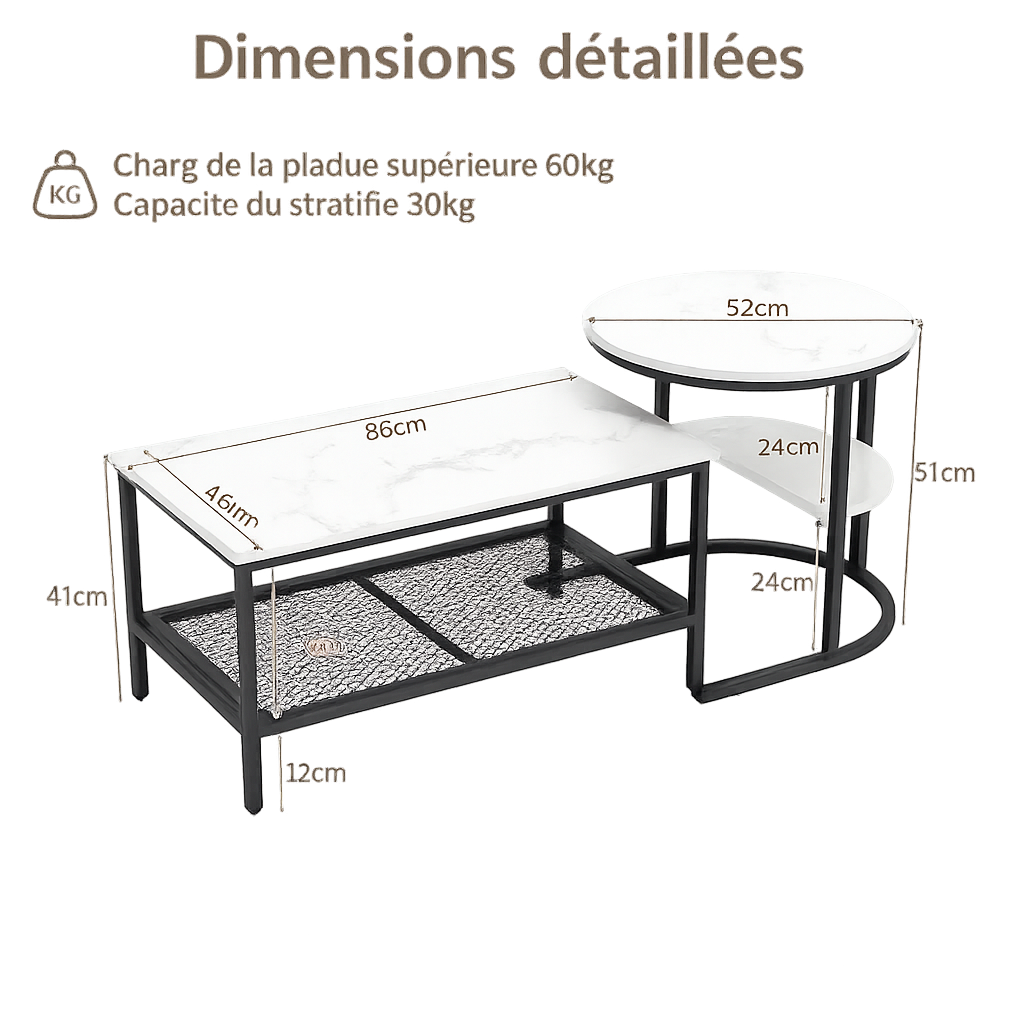 Tables Basses Gigognes Effet Marbre avec Rangement - Marlow