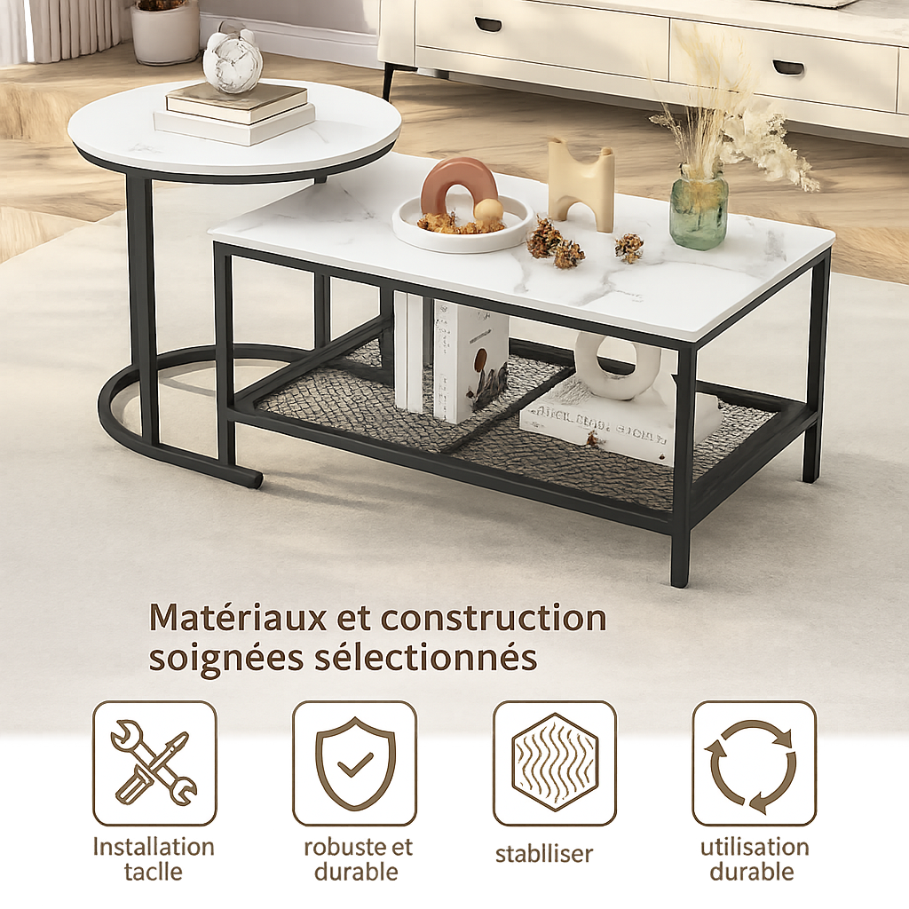 Tables Basses Gigognes Effet Marbre avec Rangement - Marlow