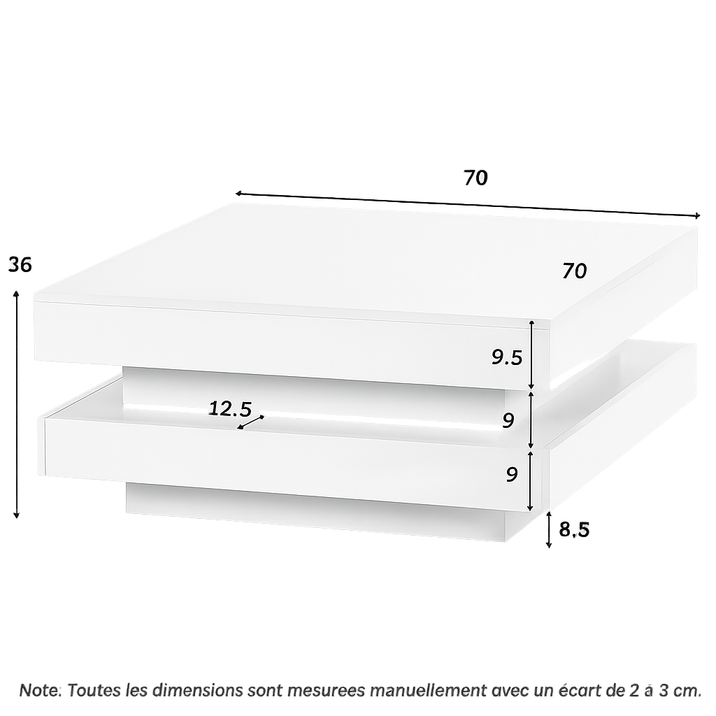 Table Basse Carrée Blanche avec Plateau Pivotant LED - Design Moderne Zelko