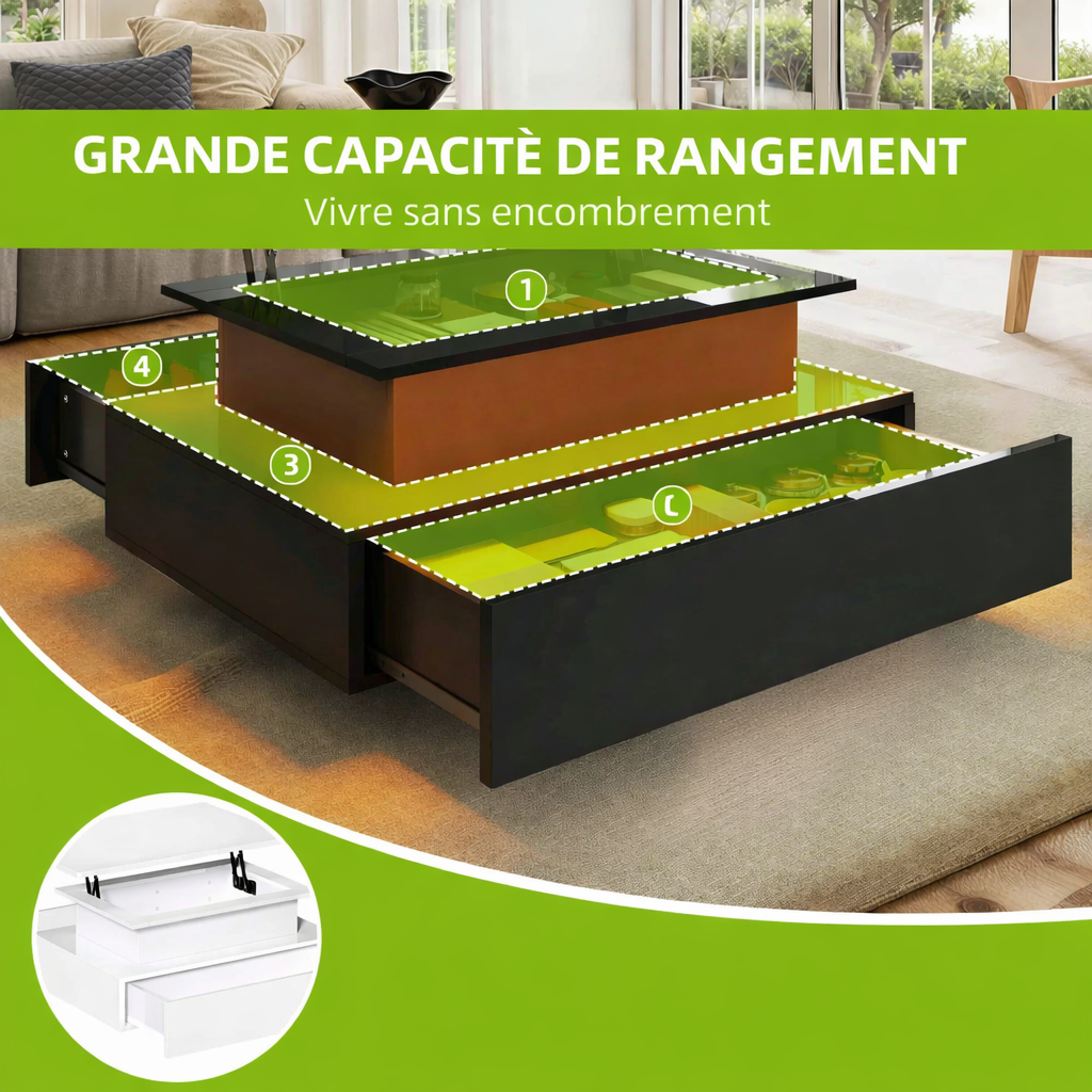 Table Basse Relevable Rectangulaire en Bois avec Éclairage LED - Design Moderne Ferko