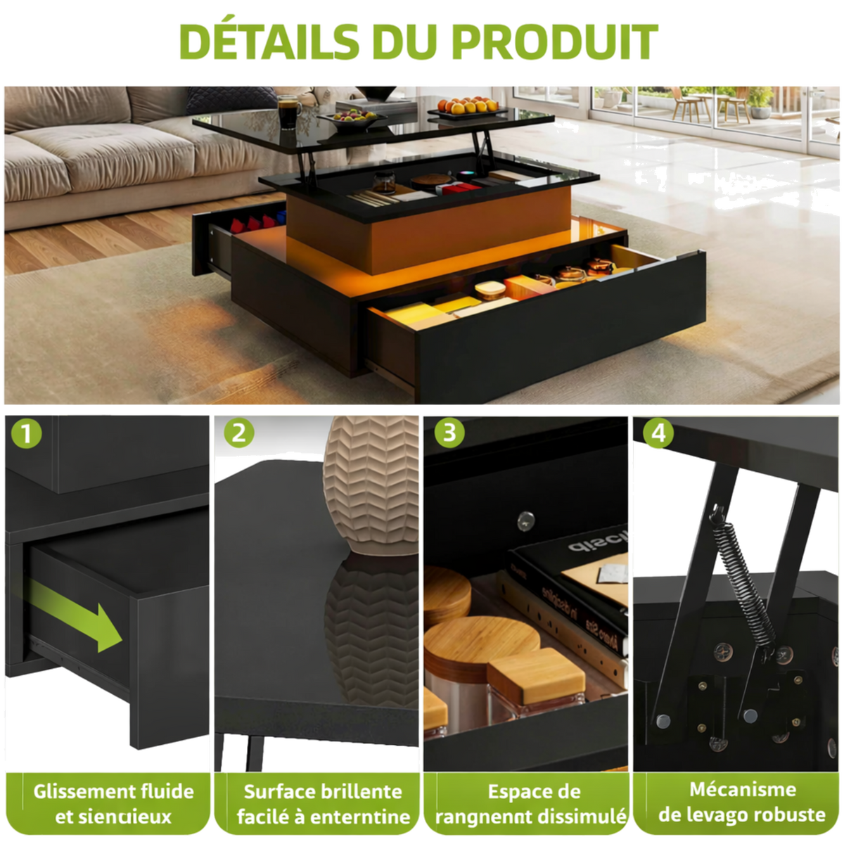 Table Basse Relevable Rectangulaire en Bois avec Éclairage LED - Design Moderne Ferko