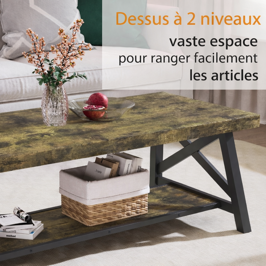 Table Basse Rectangulaire Bois et Métal avec Rangement - Design Vintage Torvi