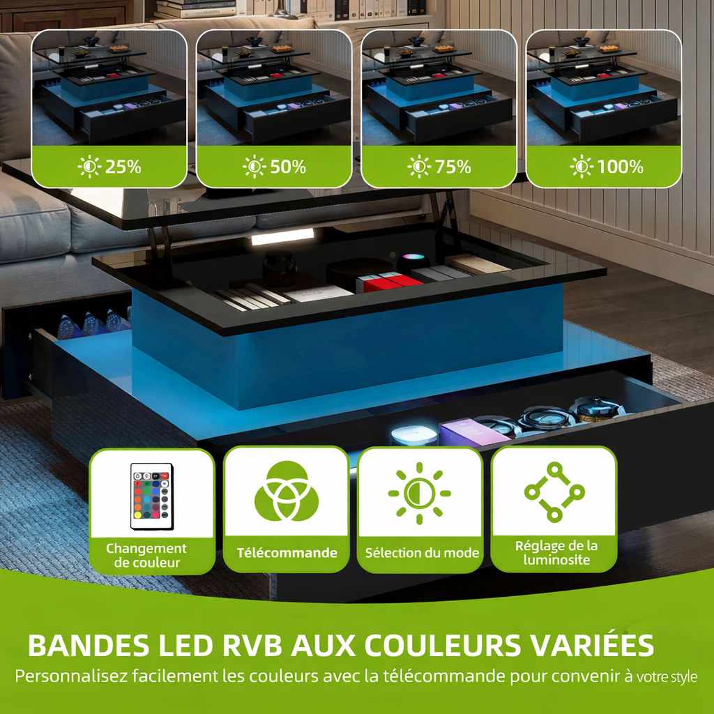 Table Basse Relevable Rectangulaire en Bois avec Éclairage LED - Design Moderne Ferko