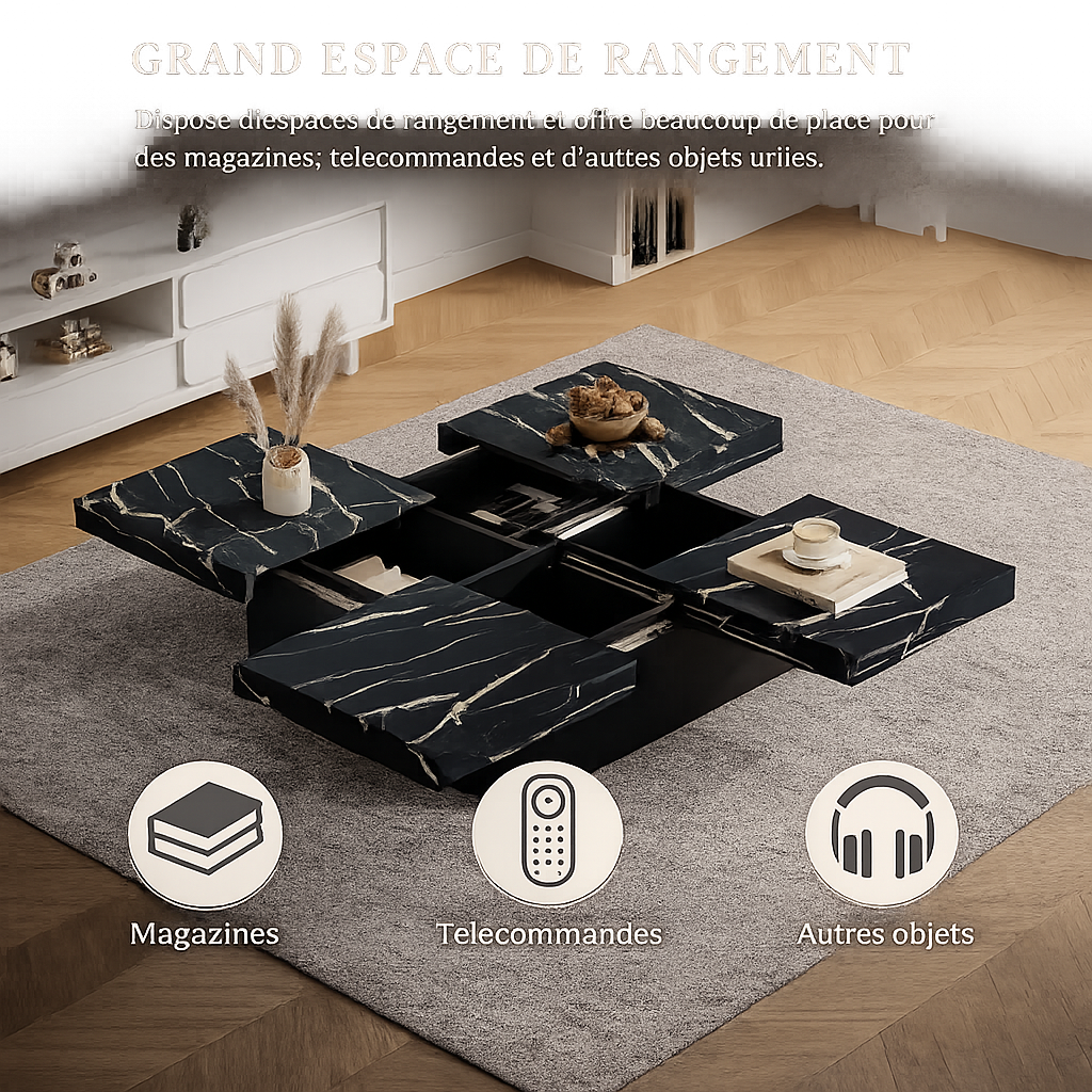 Table Basse Carrée avec Tiroirs et Plateau Coulissant - Sarko