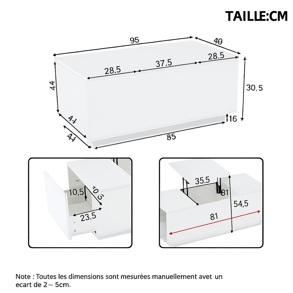 Table Basse Relevable avec LED et Plateau Ajustable - Kavon