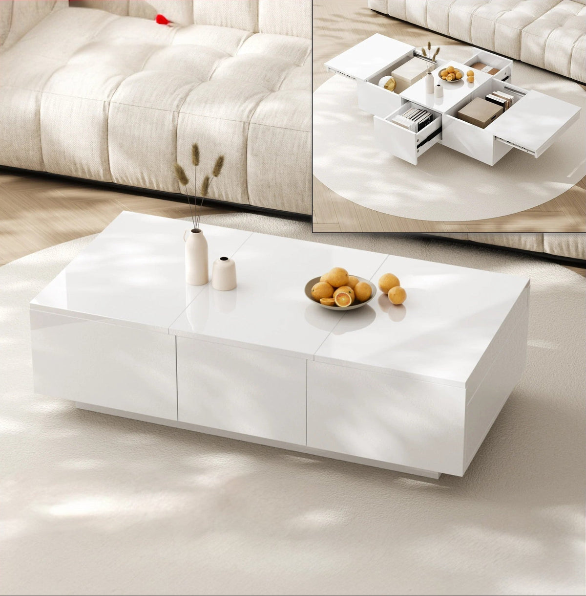 Table Basse Blanche Laquée Epuré avec Rangement et Tiroirs Lumia