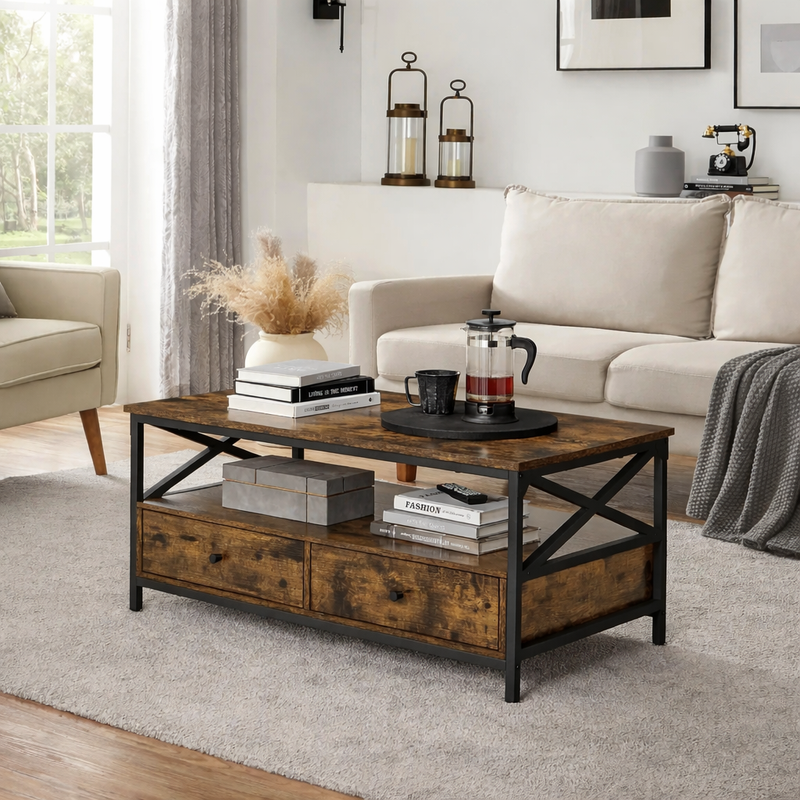 Table Basse Bois Rectangulaire avec Rangement - Design Campagne Tolby