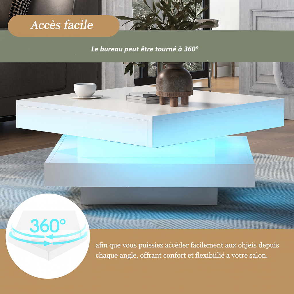 Table Basse Carrée Blanche avec Plateau Pivotant LED - Design Moderne Zelko