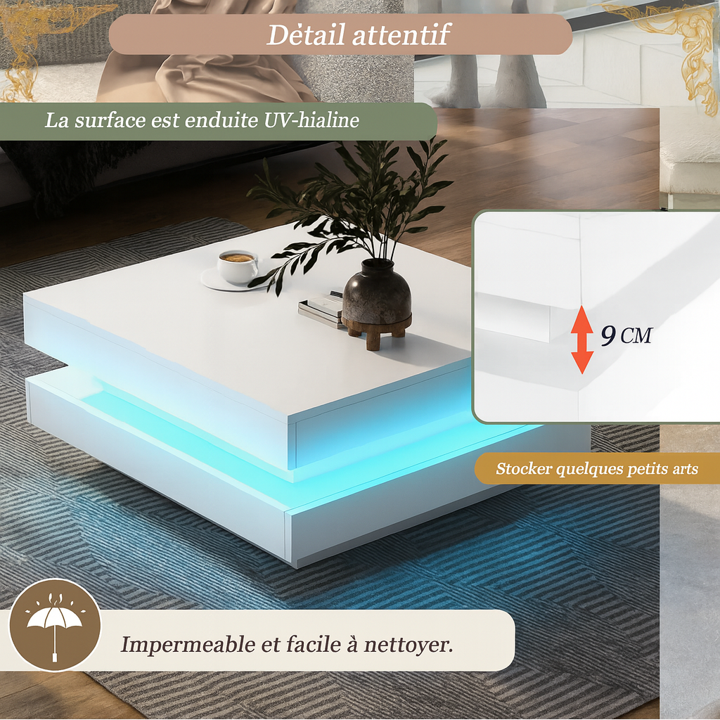 Table Basse Carrée Blanche avec Plateau Pivotant LED - Design Moderne Zelko