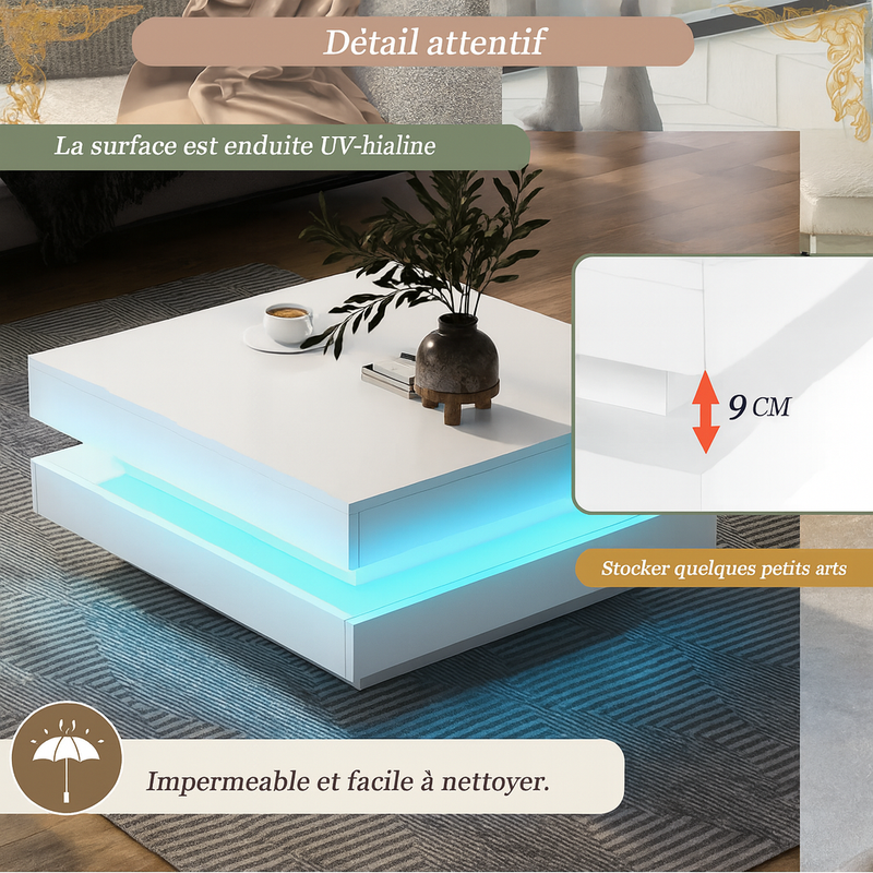Table Basse Carrée Blanche avec Plateau Pivotant LED - Design Moderne Zelko