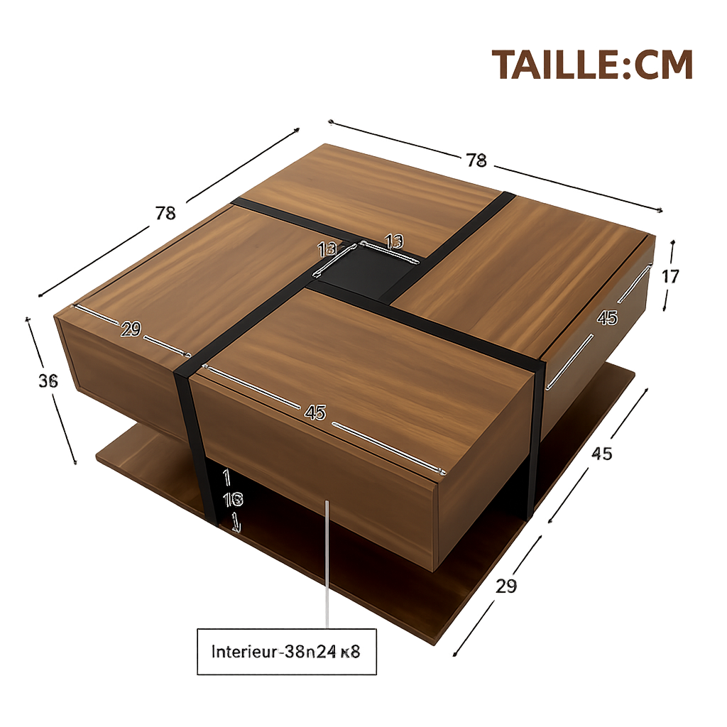 Table Basse Bois Carrée et Noir 2 Tiroir Onyx