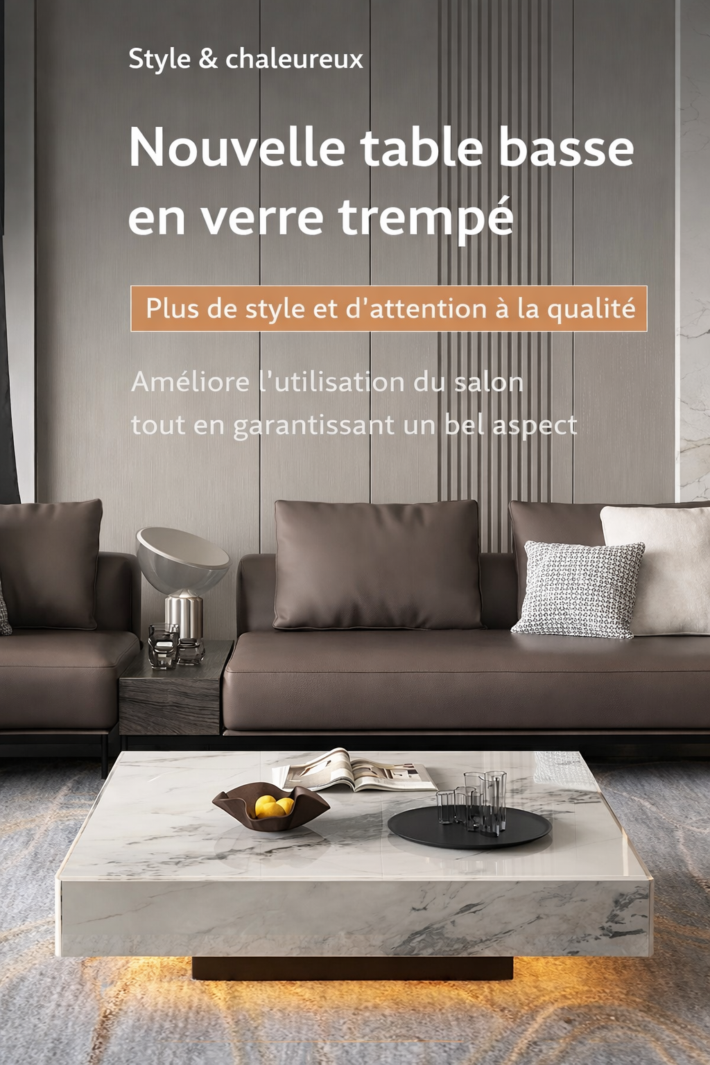 Table Basse Carrée Effet Marbre avec Plateau en Verre Trempé - Style Design Kalva