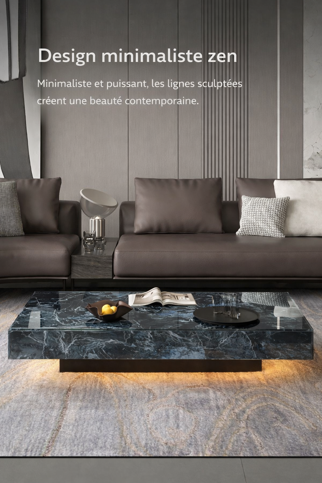 Table Basse Carrée Effet Marbre avec Plateau en Verre Trempé - Style Design Kalva