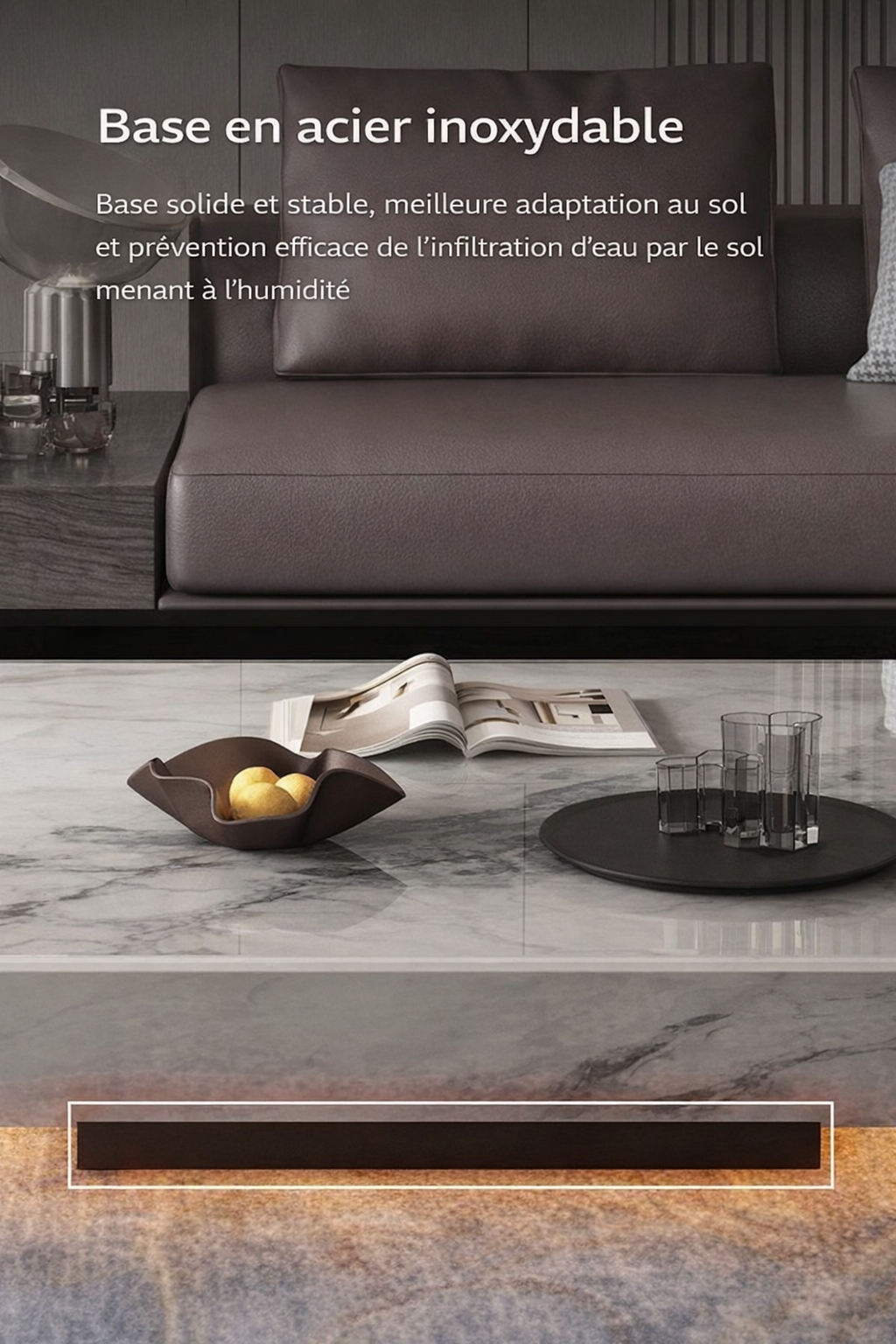 Table Basse Carrée Effet Marbre avec Plateau en Verre Trempé - Style Design Kalva