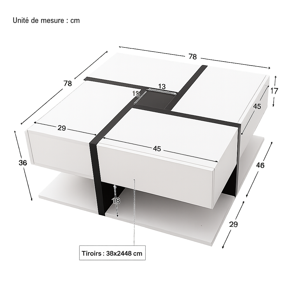 Table Basse Carrée Noire et Blanche avec Rangements - Moderne Trixel