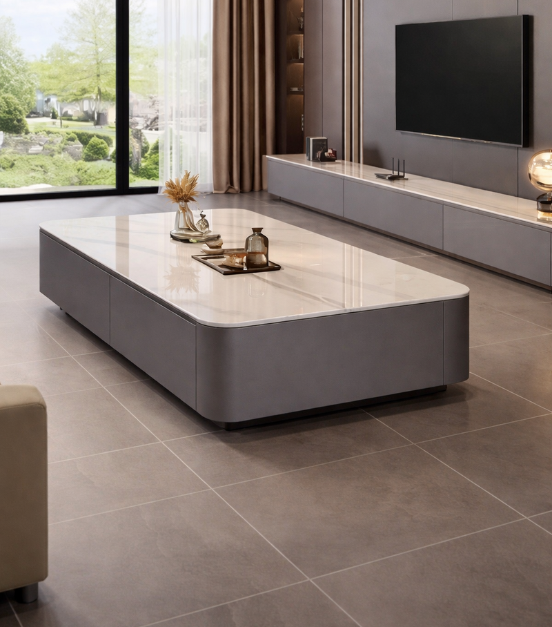 Table Basse Design Effet Marbre avec Rangements - Style Contemporain Solvia