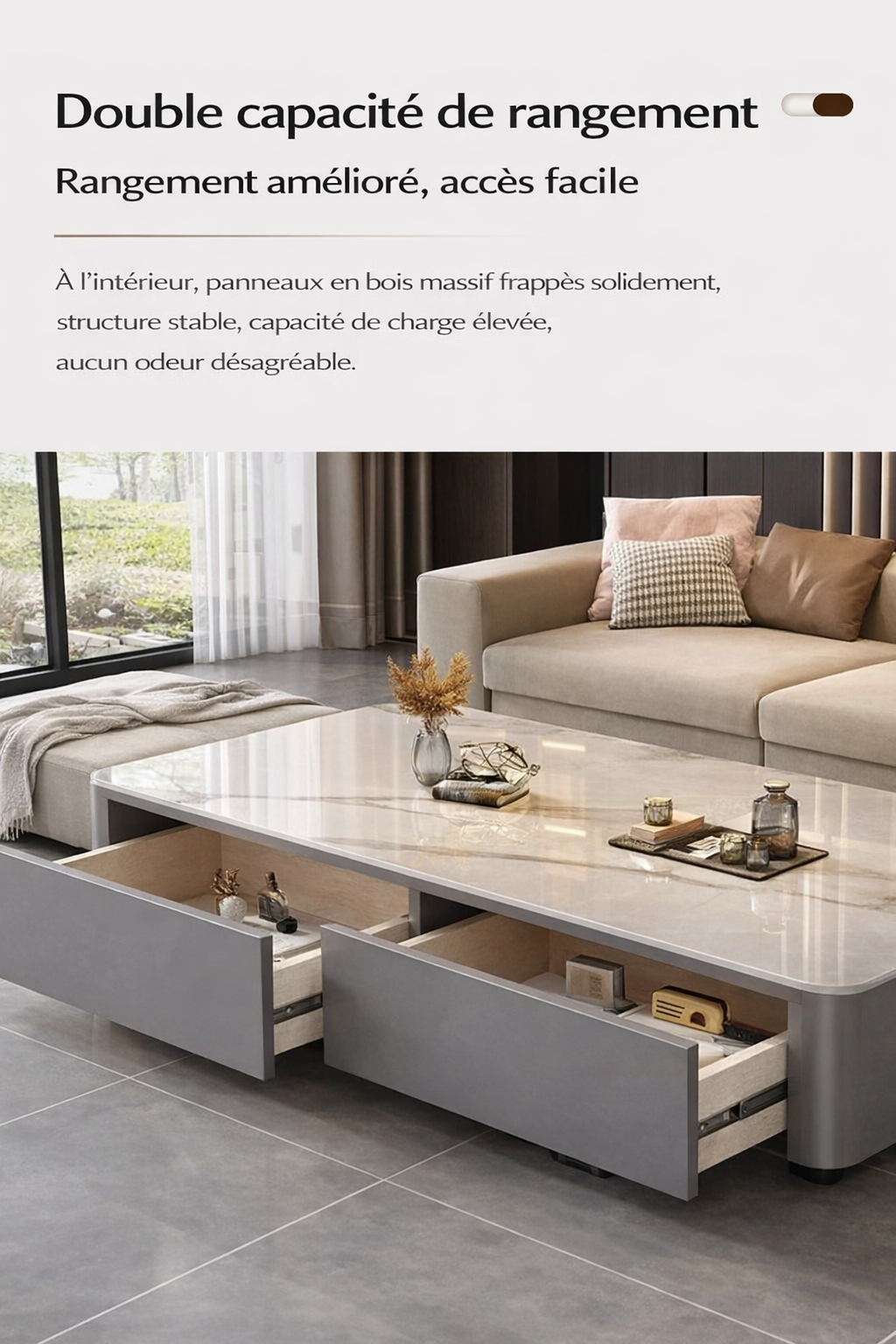 Table Basse Design Effet Marbre avec Rangements - Style Contemporain Solvia