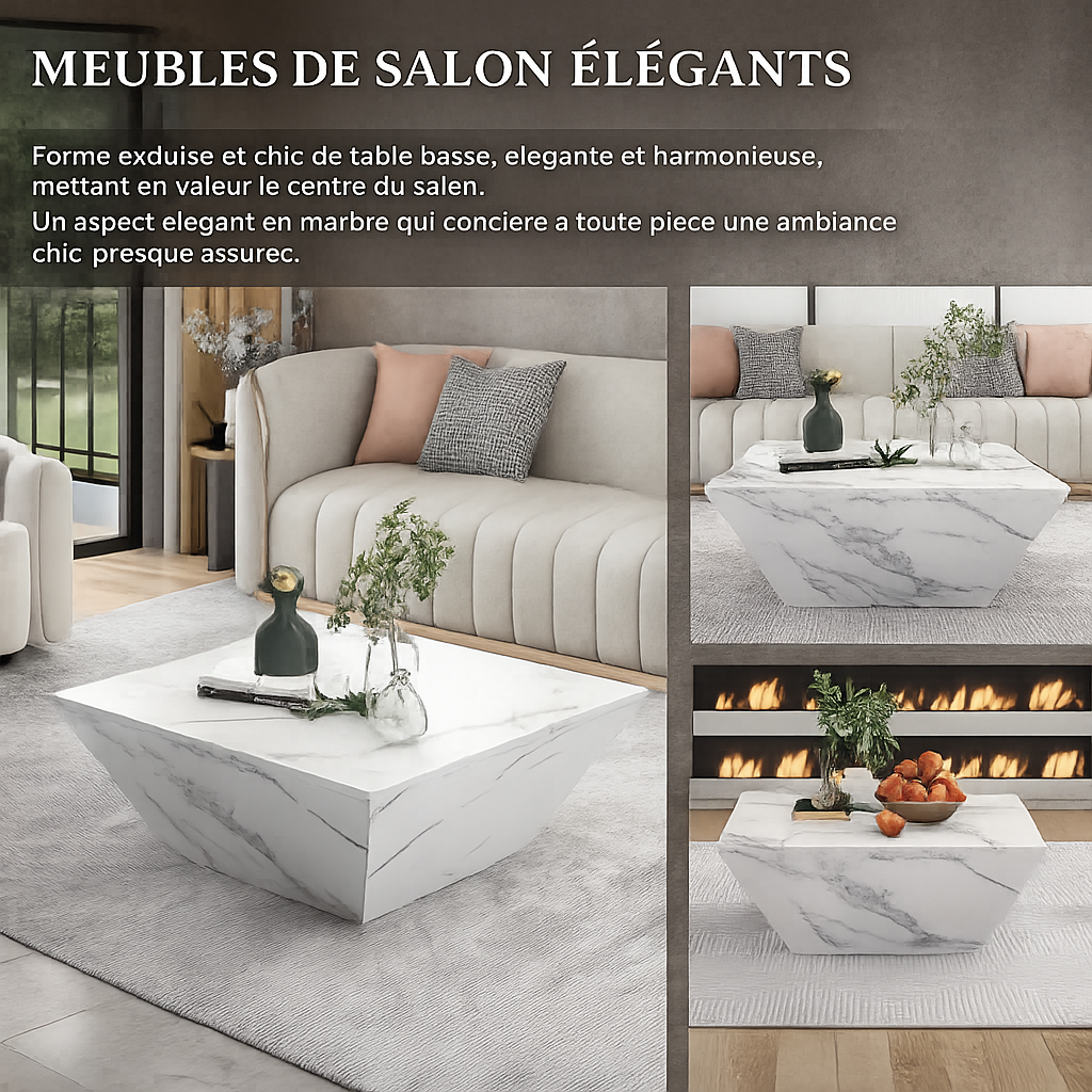 Table Basse Effet Marbre Blanche avec Tiroirs - Style Design Fera