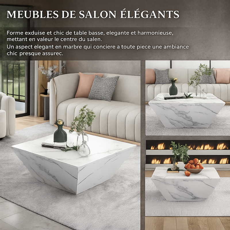 Table Basse Effet Marbre Blanche avec Tiroirs - Style Design Fera